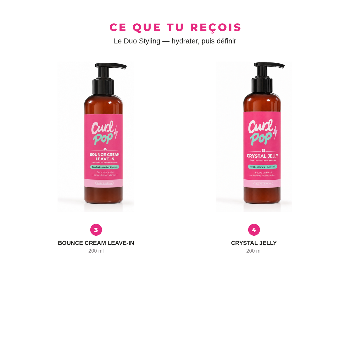 Ce que tu reçois dans Le Duo Styling Curl Pop : crème sans rinçage 200 ml et gelée coiffante 200 ml