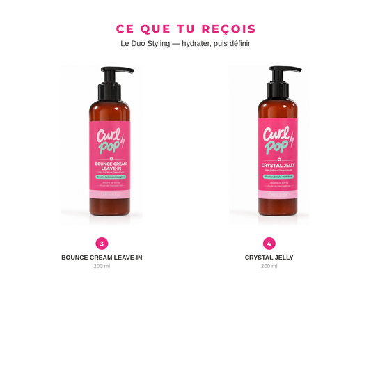 Ce que tu reçois dans Le Duo Styling Curl Pop : crème sans rinçage 200 ml et gelée coiffante 200 ml