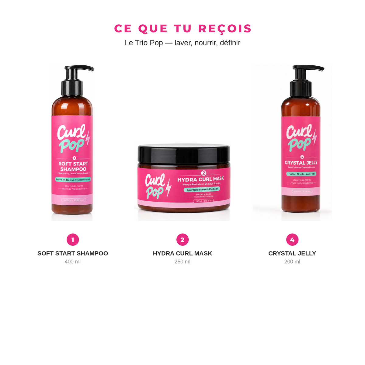 Ce que tu reçois dans Le Trio Pop Curl Pop : shampooing 400 ml, masque 250 ml et gelée 200 ml